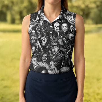 Classic Horror Characters Black And White Golf Polo, Golf Shirt For Women, Halloween Golf Shirt