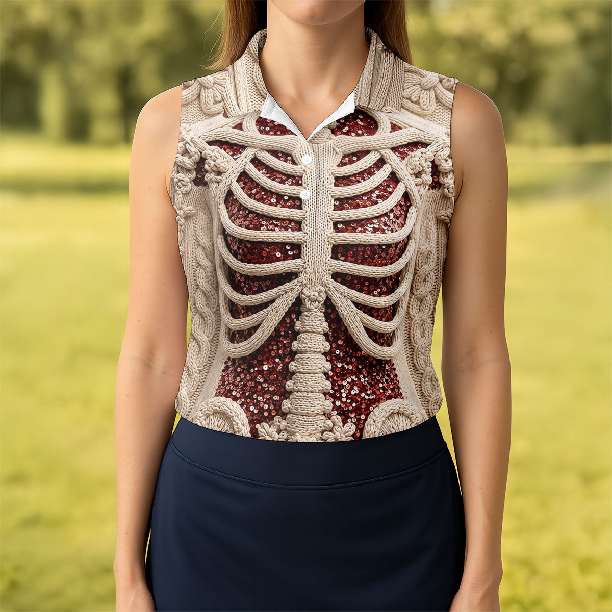 Knitted Skeleton Sequin Halloween Polo Shirt, Golf Shirts For Women, Womens Golf Tops