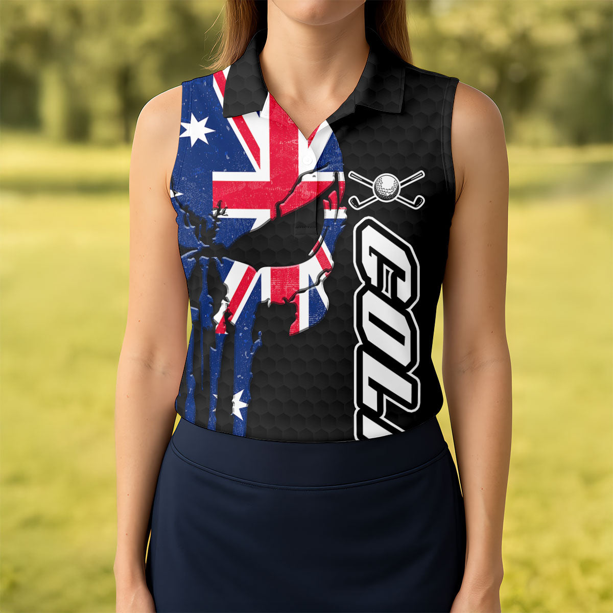 Cool Skull Golf Ball Pattern Australia Flag Print Black Golf Shirt, Golf Shirt For Women
