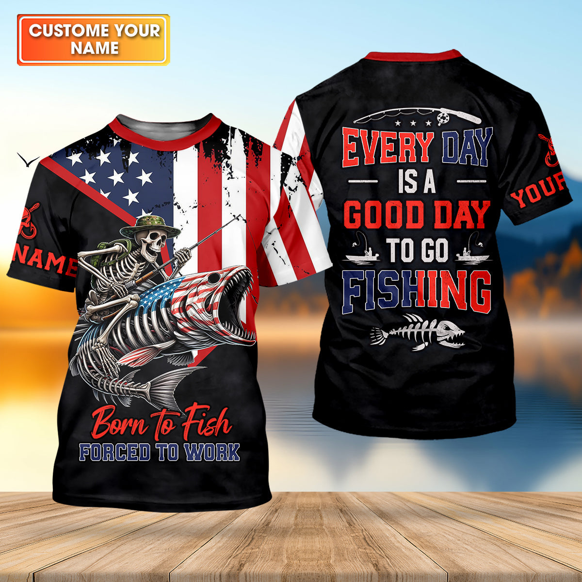 Born To Fish Forced To Work USA Fishing Shirt, Funny Fishing UPF Shirts, Personalized Fishing Shirts For Men