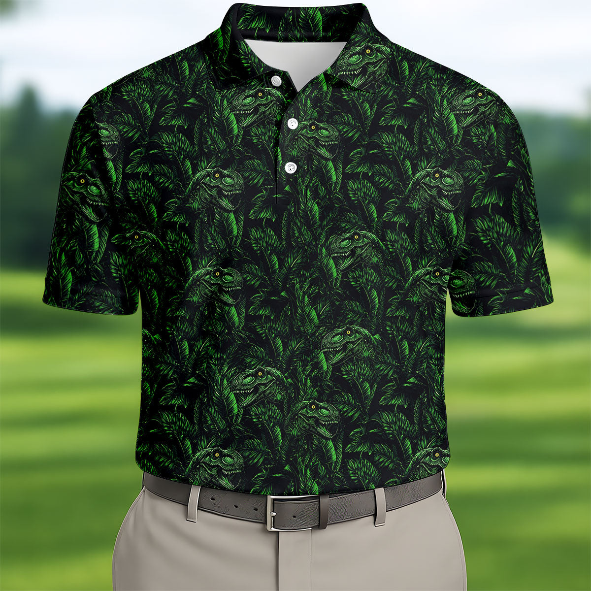 Dinosaurs In The Forest Deep Forest Green Hawaiian Golf Shirt, Polo Shirts For Men