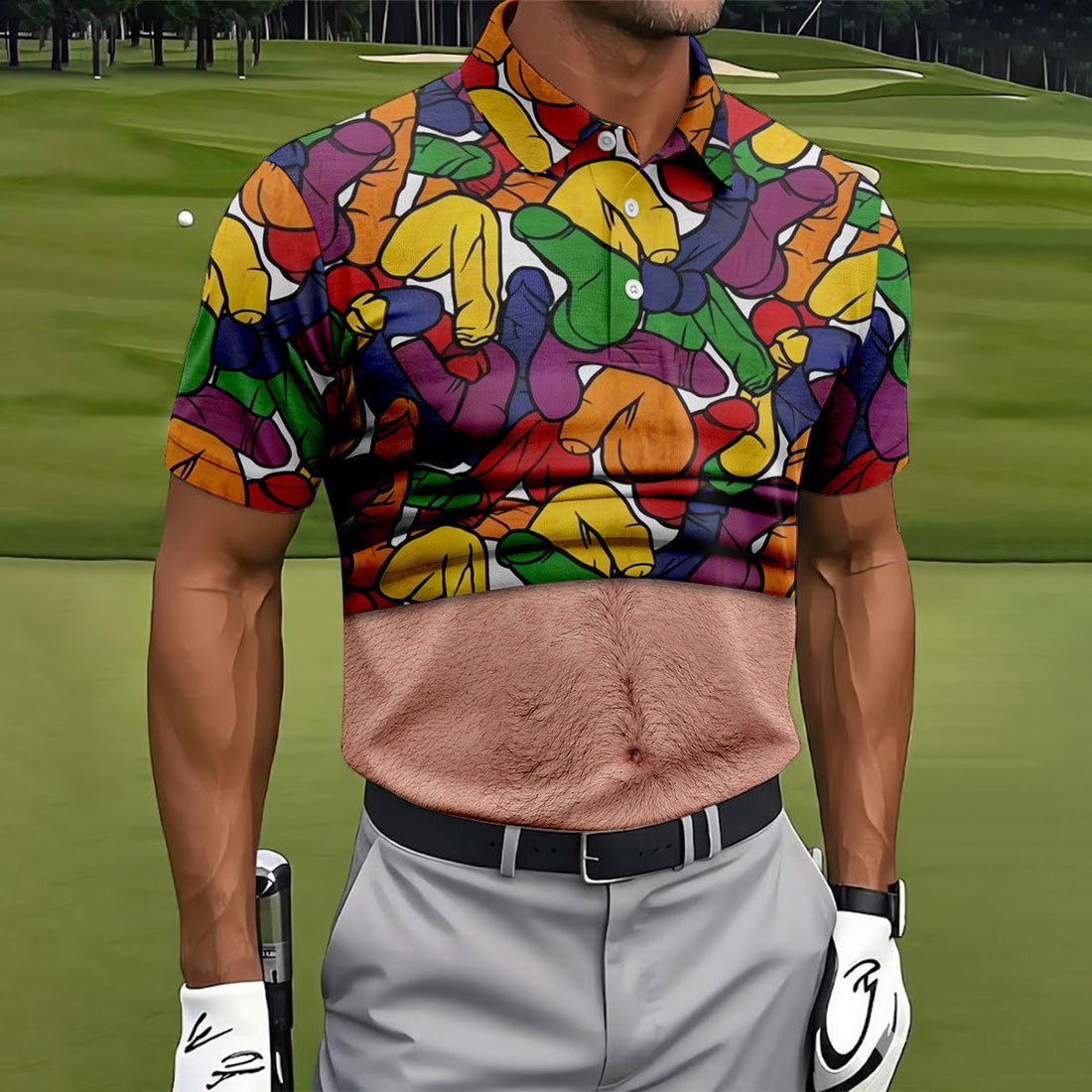 Funny Belly Illusion Colorful Pattern Polo Shirt, Mens Golf Polo, Golf Shirts For Men