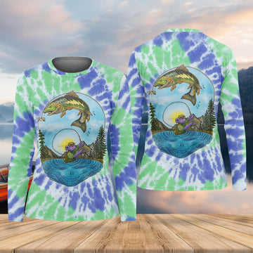 Bear Fishing Green And Purple Cool Tie Dye Patterns Fishing UPF Shirts, Women Fishing Shirt, Female Fishing Shirts