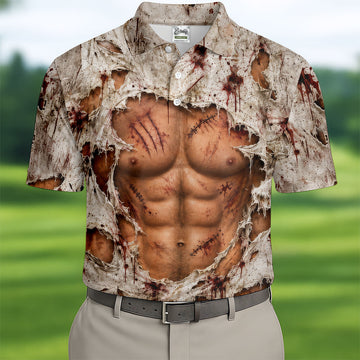Torn Shirt Muscle Chest Illusion Halloween Polo Shirt, Mens Golf Polo, Printed Golf Shirts