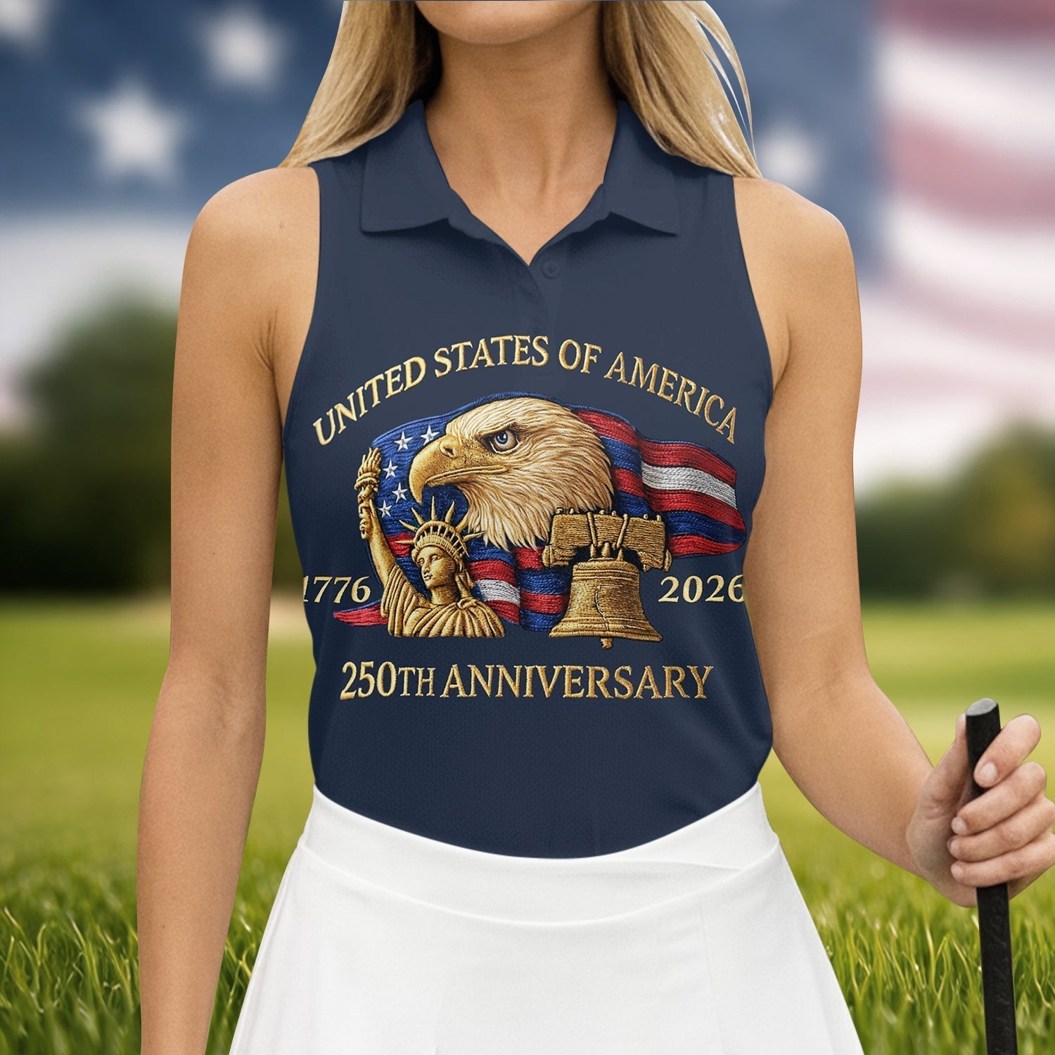 US America 250th Anniversary Patriot Eagle Embroidery Effect Women's Golf Tops, Patriotic Golf Shirt