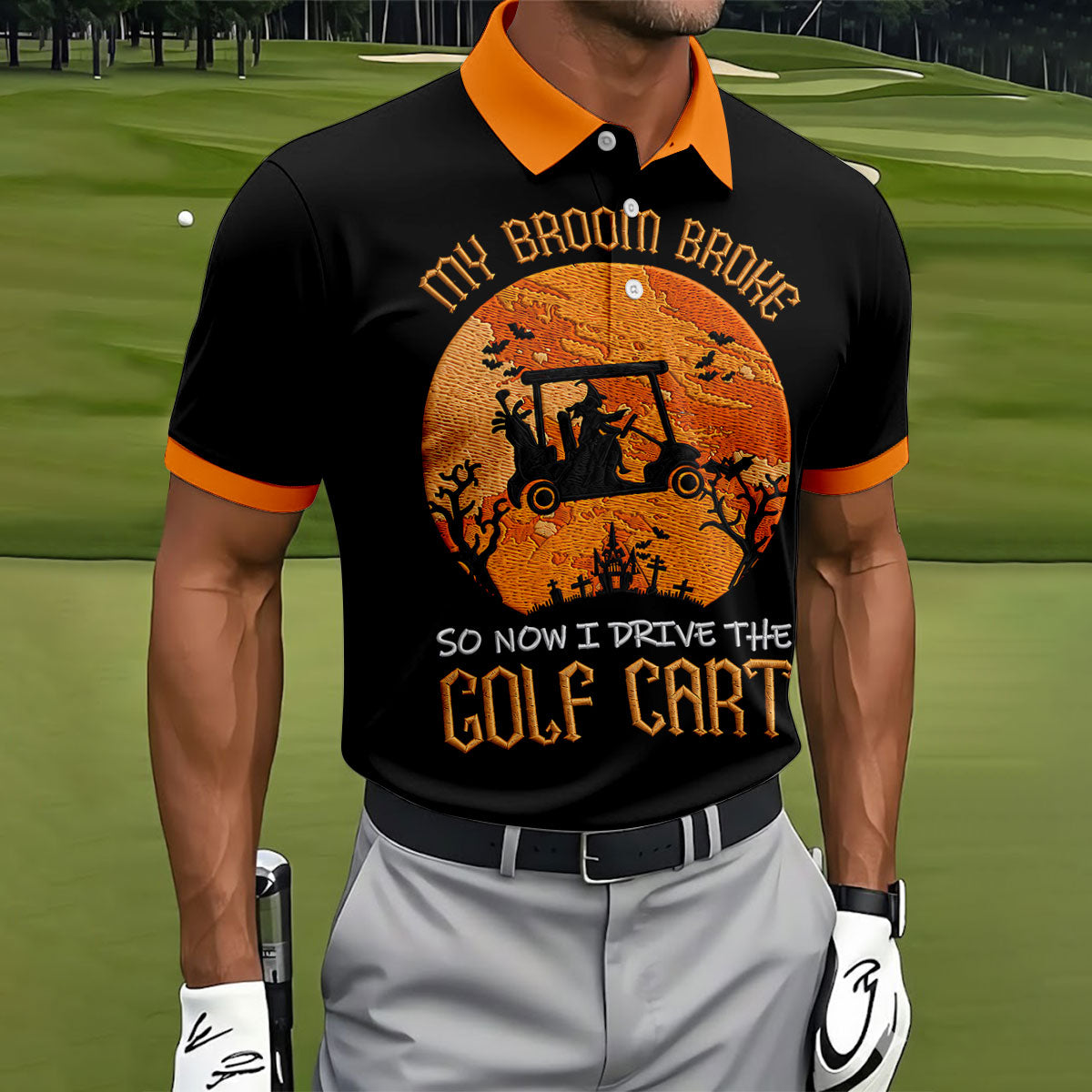 Broom Broke Now I Drive Golf Cart Halloween Polo Shirt, Mens Golf Polo, Mens Polo Shirts