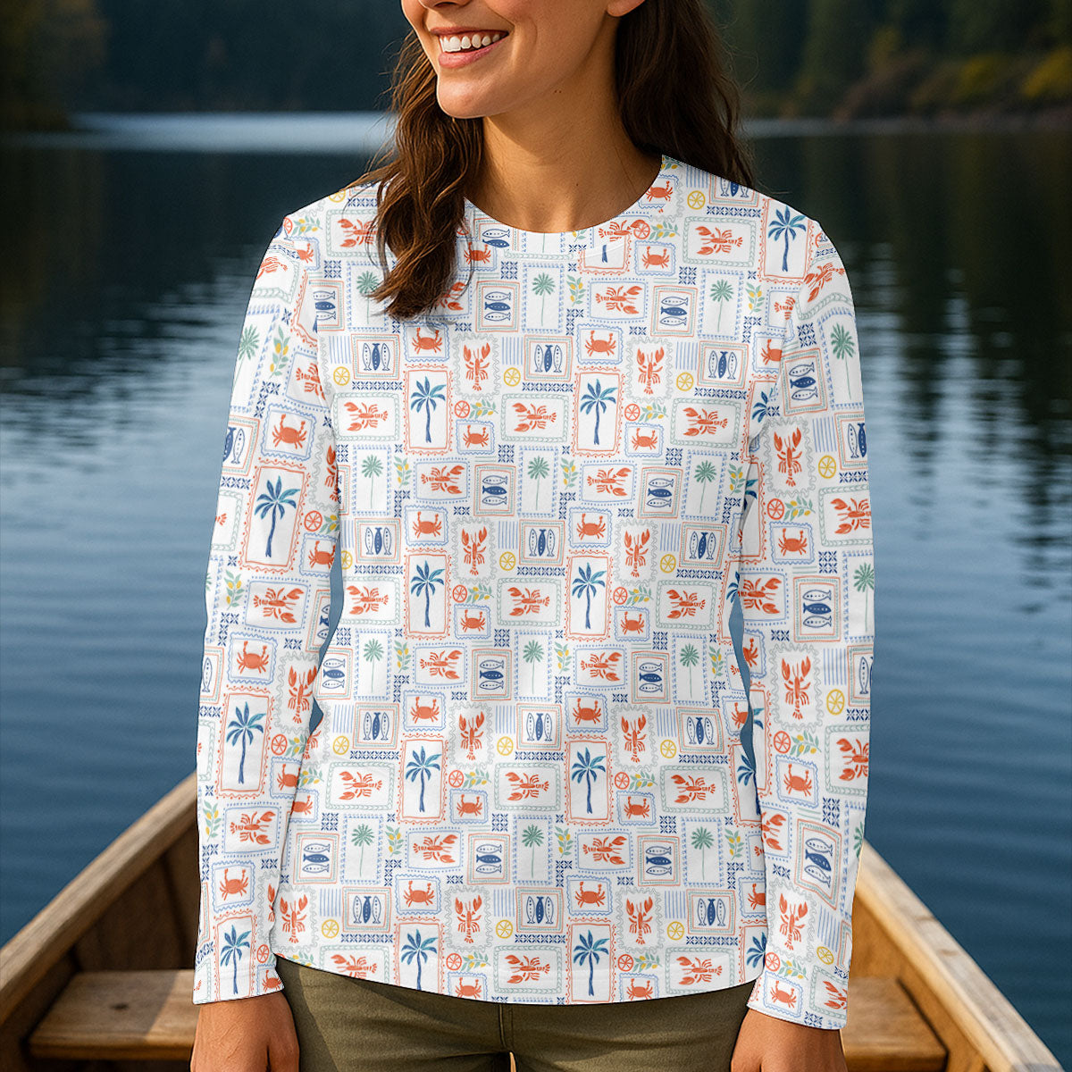 Seafood Patchwork Pattern Tropical Theme Fishing UPF Shirts, Fishing Shirt For Women