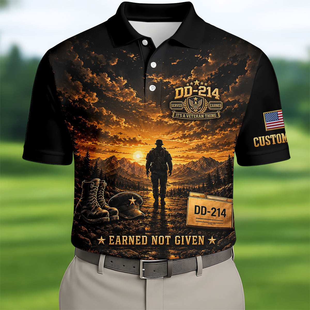 Custom DD-214 Sunset Soldier Golf Polo Shirt, Veterans Day Shirt, Mens Golf Shirts