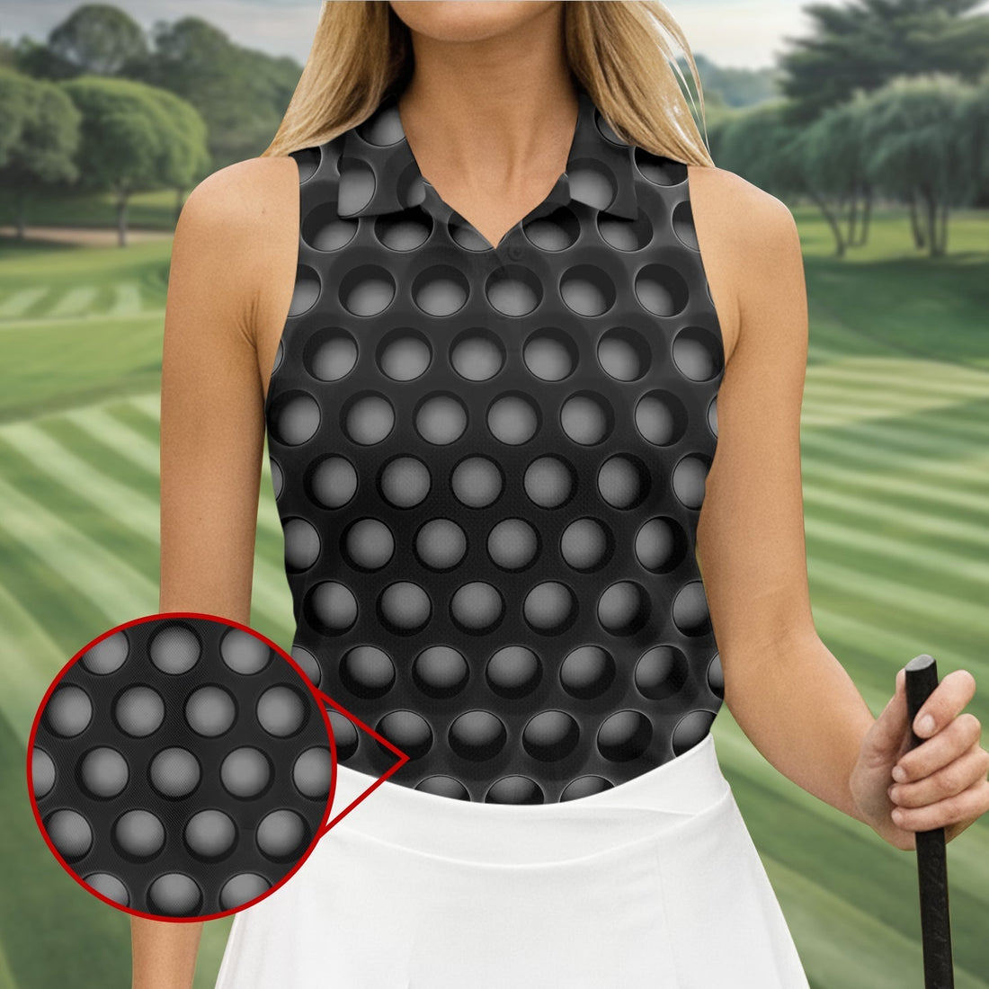 3D Effect Circular Pattern Black Golf Shirt, Cool Golf Outfit, Women Golf Top, Ladies Golf Shirts
