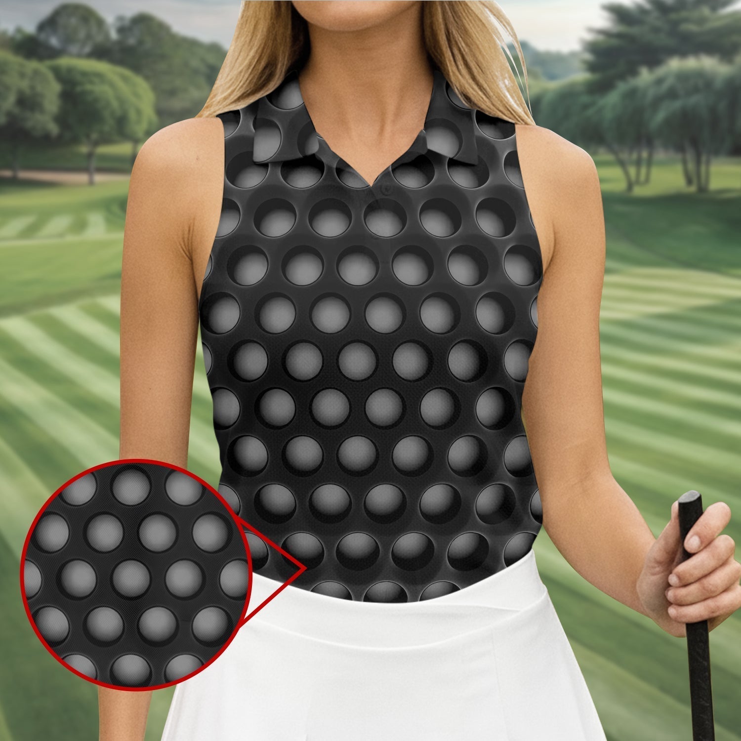 3D Effect Circular Pattern Black Golf Shirt, Cool Golf Outfit, Women Golf Top, Ladies Golf Shirts