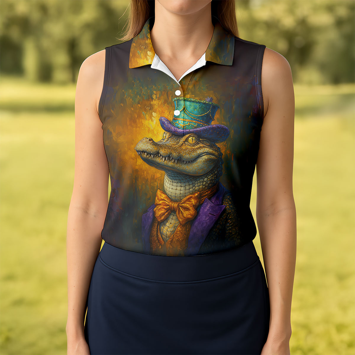 Mardi Gras Aligator Retro Golf Shirt, Women's Golf Shirts, Women's Golf Tops, Ladies Golf Shirts