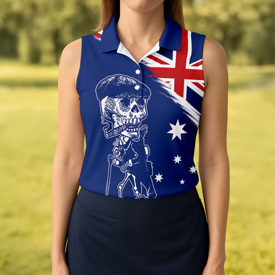 I Was One Under Today Skeleton Golfer Australia Flag Print Ladies Golf Tops, Golf Shirt For Women
