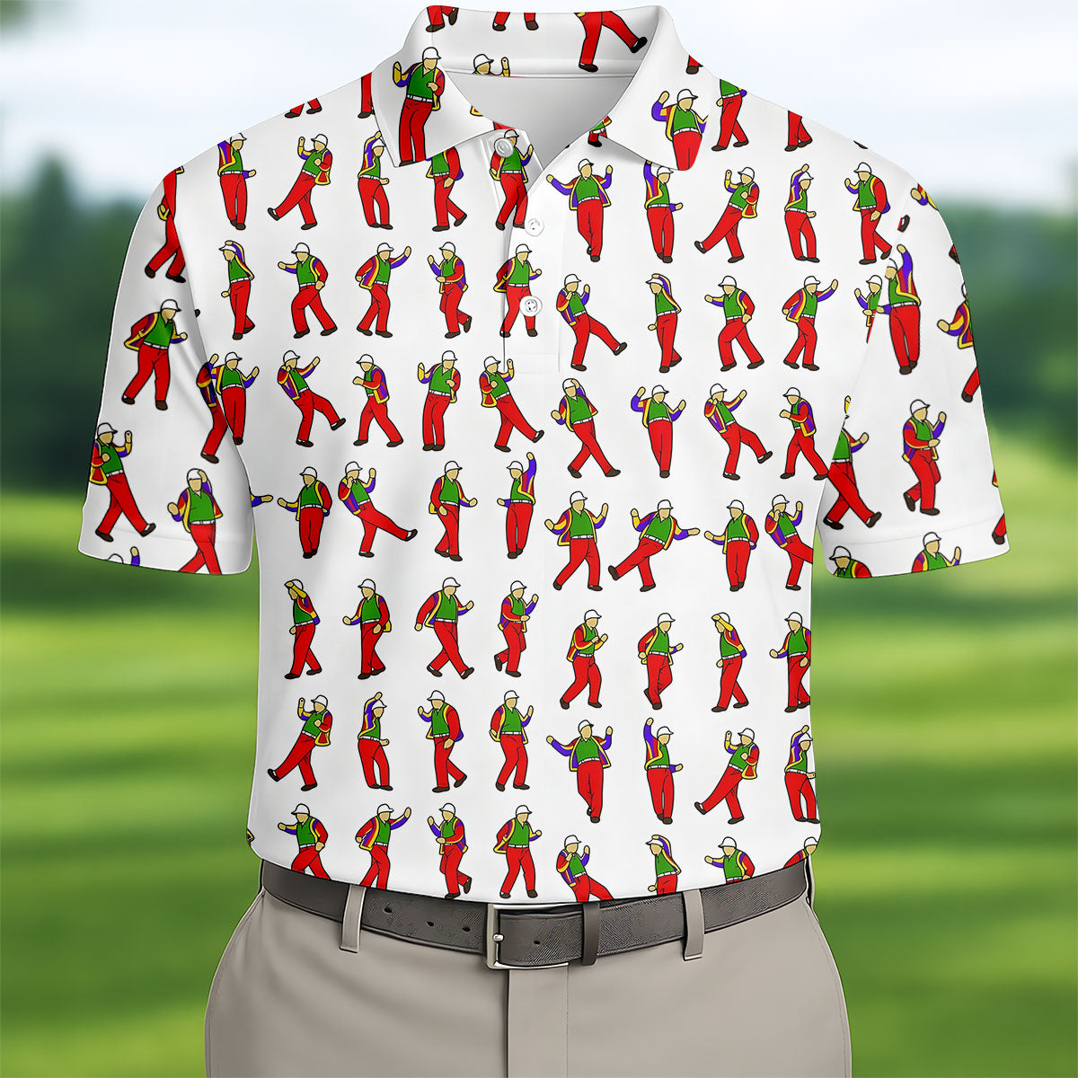 Colorful Dancing Character Pattern Polo Shirt, Hawaiian Golf Shirt, Mens Golf Apparel