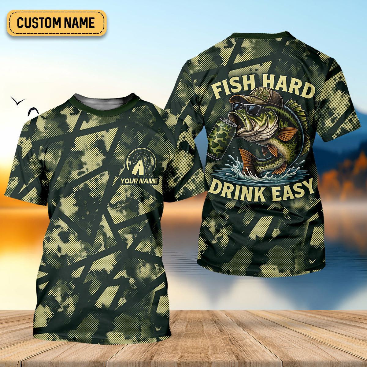 Fish Hard Drink Easy Green Camo Funny Fishing Shirt, SPF Shirt For Men, Largemouth Bass Fishing Shirts For Men
