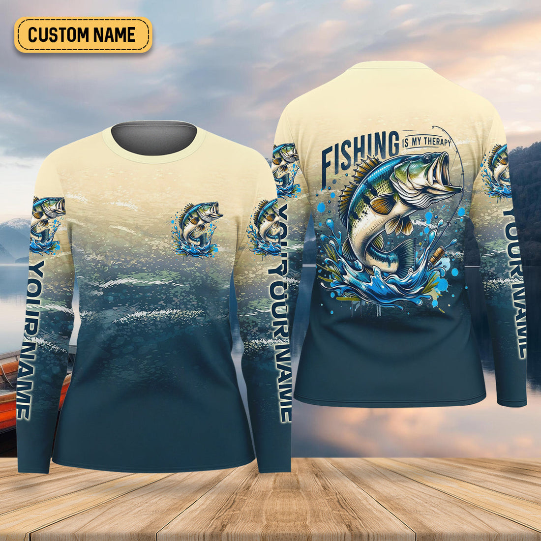 Fishing Is My Therapy Navy And Beige Fishing UPF Shirts, Fishing Shirt For Women, Female Fishing Shirts