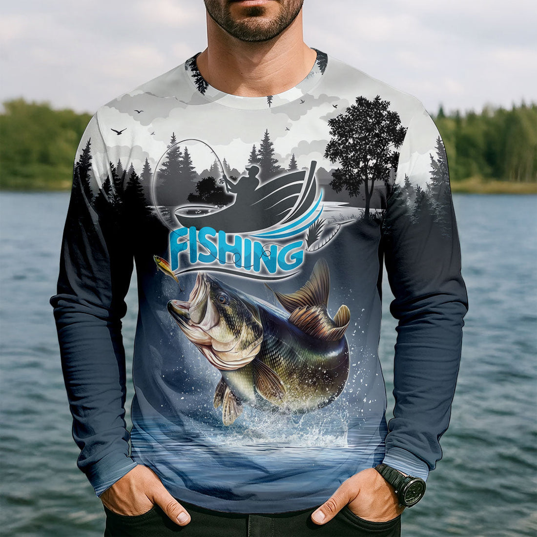 Bass Fisherman Silhouette Fishing UPF Shirts, Largemouth Bass Fishing Shirts For Men