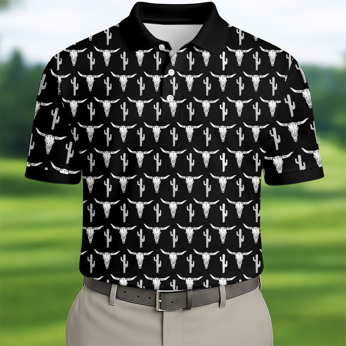Longhorn Cow Skull Western Theme Black Golf Tops For Men, Polo ShirtFor Men, Golf Shirts For Men