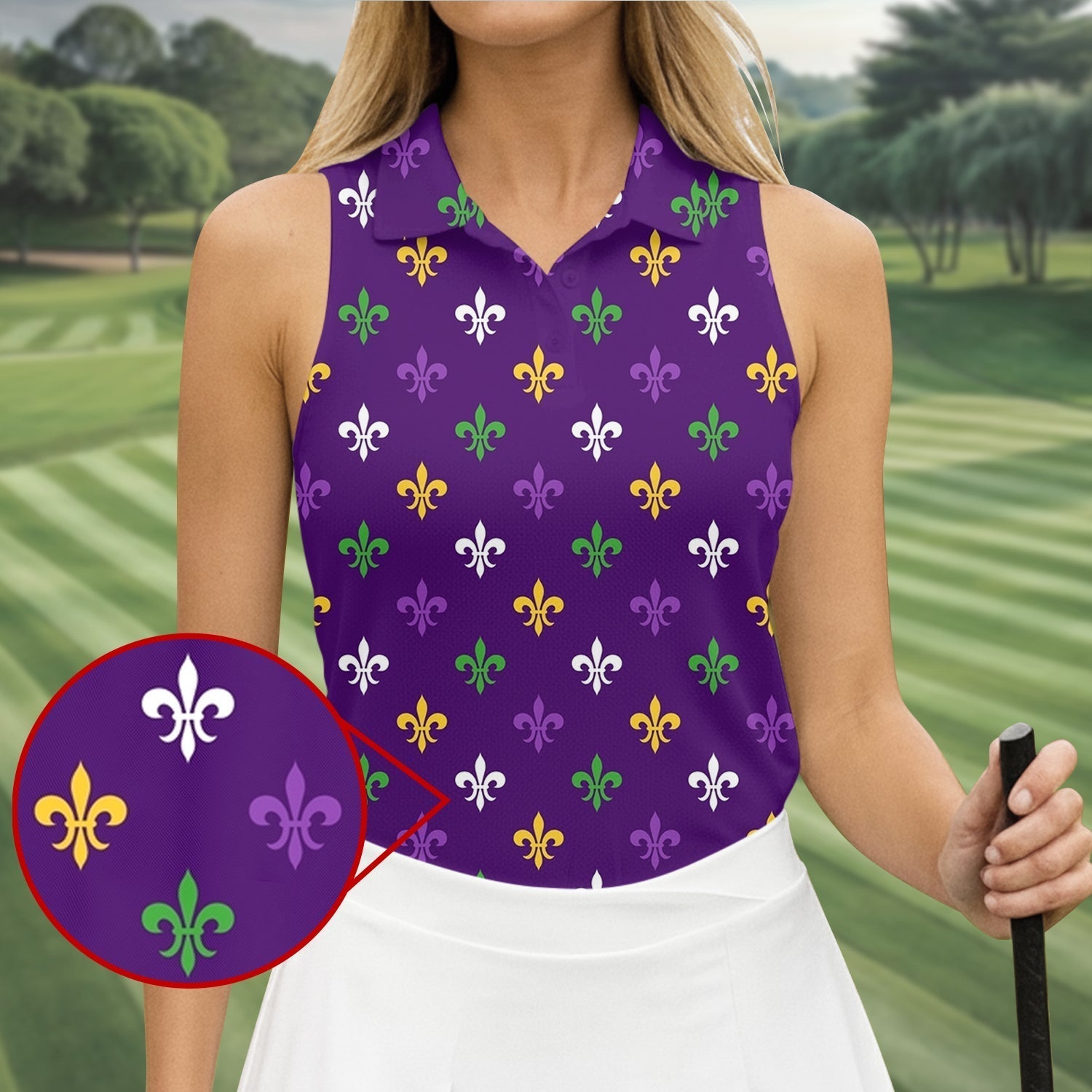 Purple Green Gold Fleur De Lis Pattern Purple Golf Shirt, Mardi Gras Golf Shirt, Golf Shirt For Women