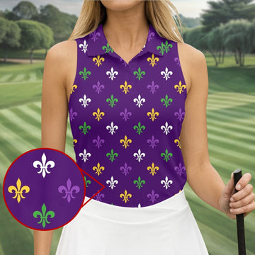 Purple Green Gold Fleur De Lis Pattern Purple Golf Shirt, Mardi Gras Golf Shirt, Golf Shirt For Women