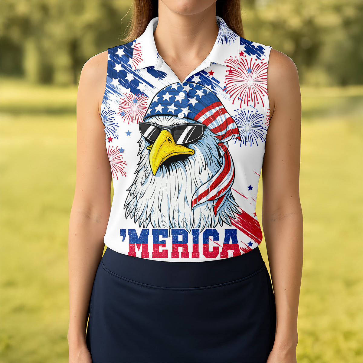 Cool Bald Eagle 4th Of July American Flag Pattern 4th Of July Women Golf Top, 250th Anniversary Patriotic Golf Shirt