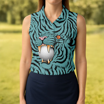 Funny Striped Tiger Biting Golf Ball Polo Shirt, Golf Tops For Women, Women’s Golf Apparel