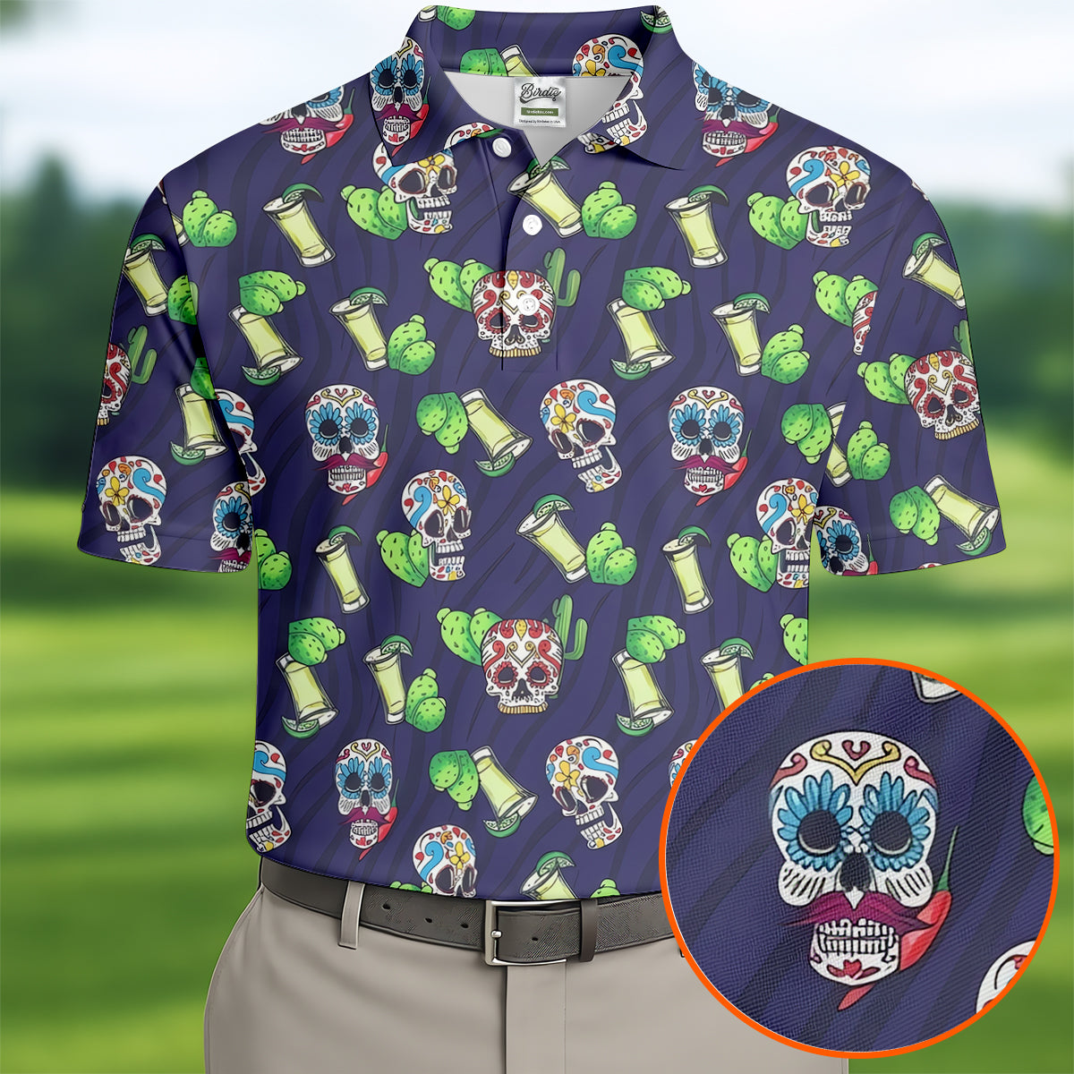 Day Of The Dead Sugar Skull Cactus Polo Shirt, Mens Golf Polo, Hawaiian Golf Shirt