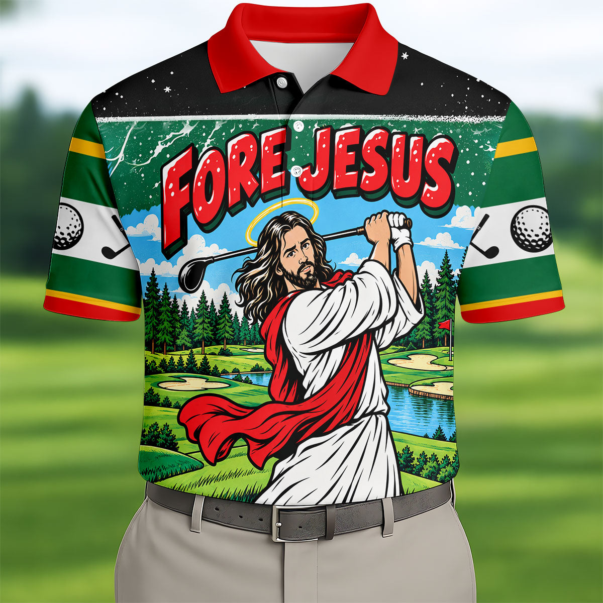 Fore Jesus Golf Swing Christmas Golf Shirt, Mens Golf Apparel, Mens Golf Clothing