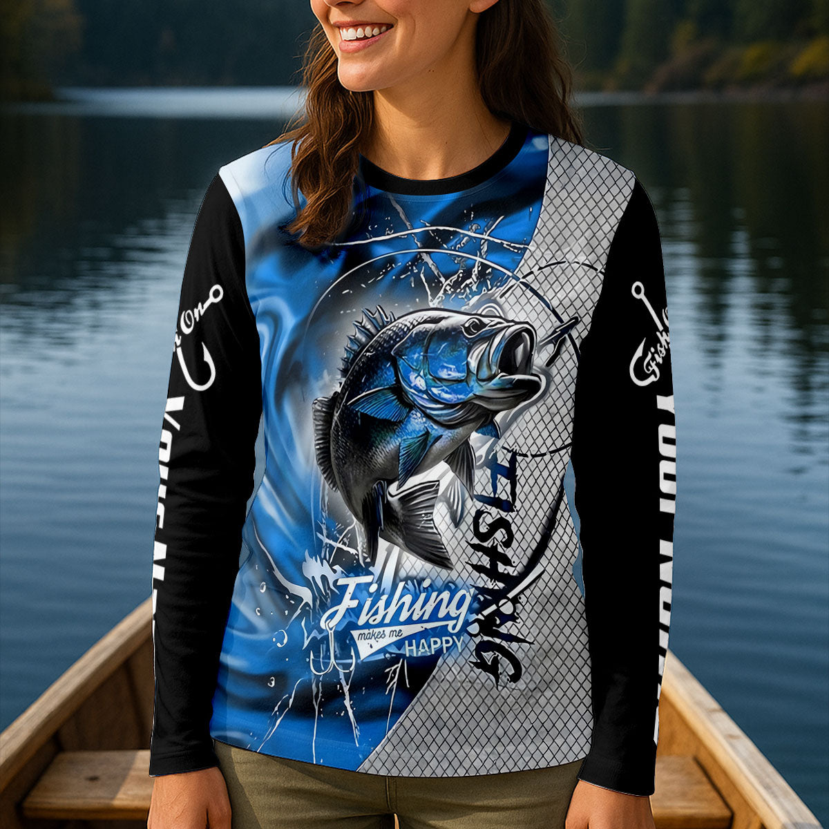 Fishing Makes Me Happy Largemouth Bass Fishing UPF Shirts, Funny Fishing Shirt, Fishing Shirt For Women