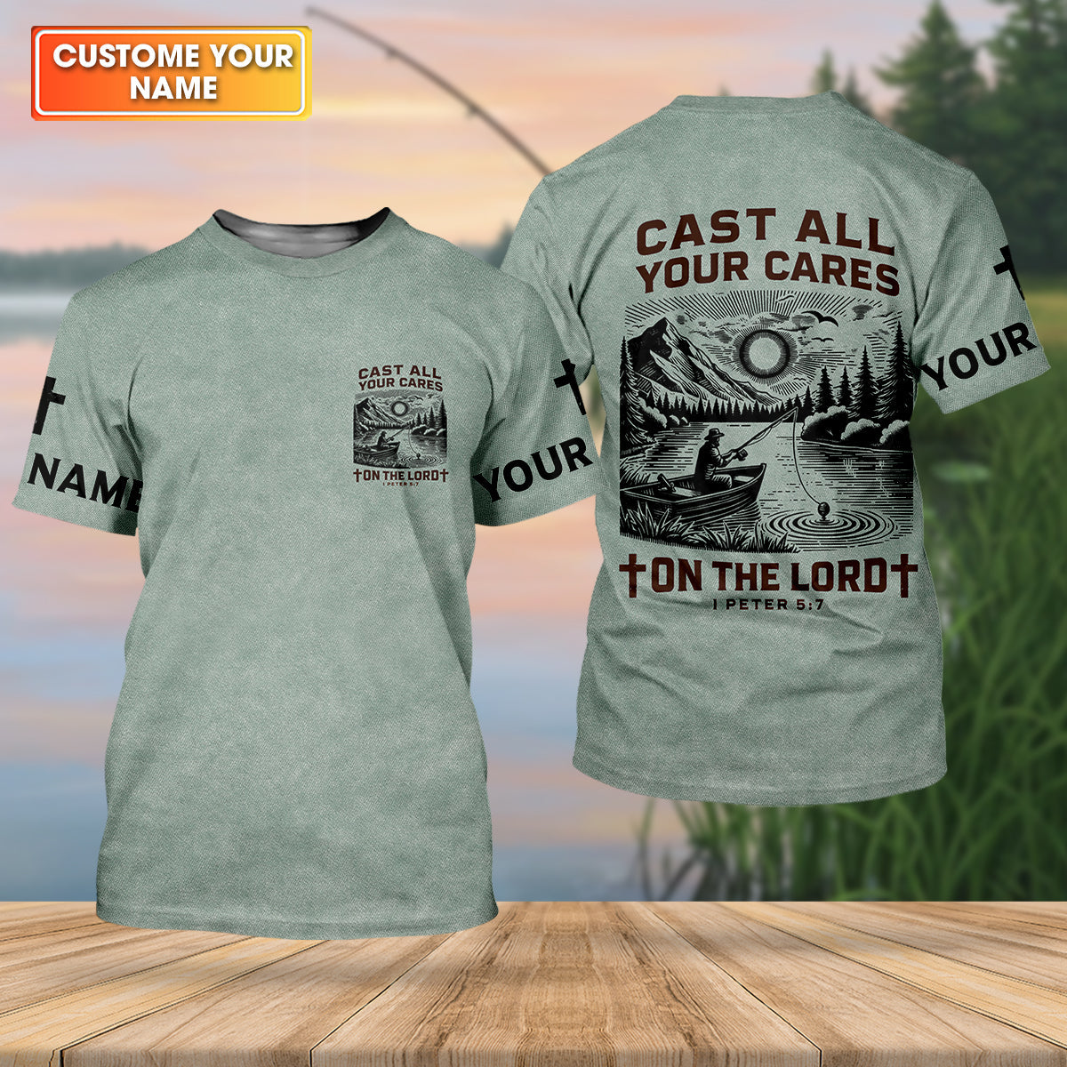 Cast All Your Cares On The Lord Faith Cross Fishing UPF Shirts, Christian Fishing Shirts For Men
