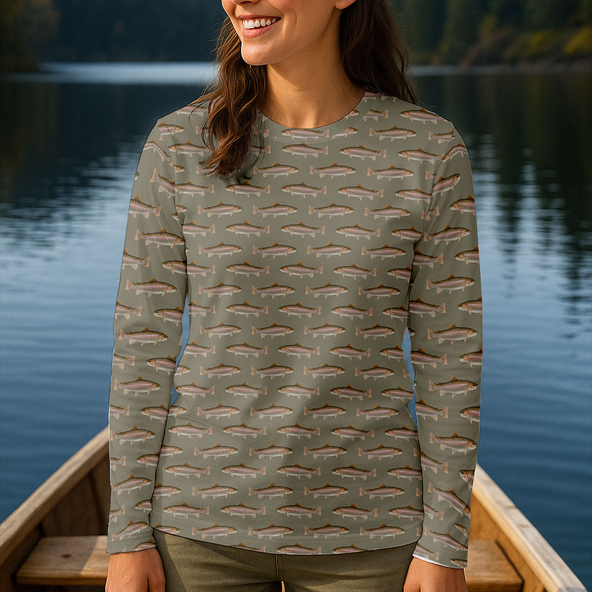 Rainbow Trout Pattern Pewter Grey Fishing UPF Shirts, Women Fishing Shirt, Female Fishing Shirts