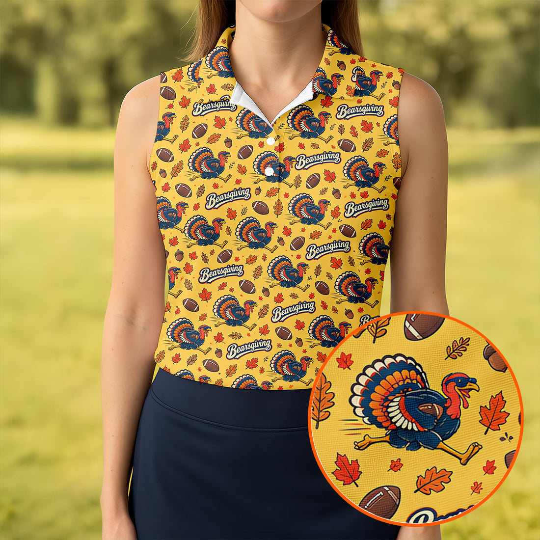 Yellow Turkey Leaves Thanksgiving Golf Shirt, Ladies Golf Shirts, Womens Golf Apparel