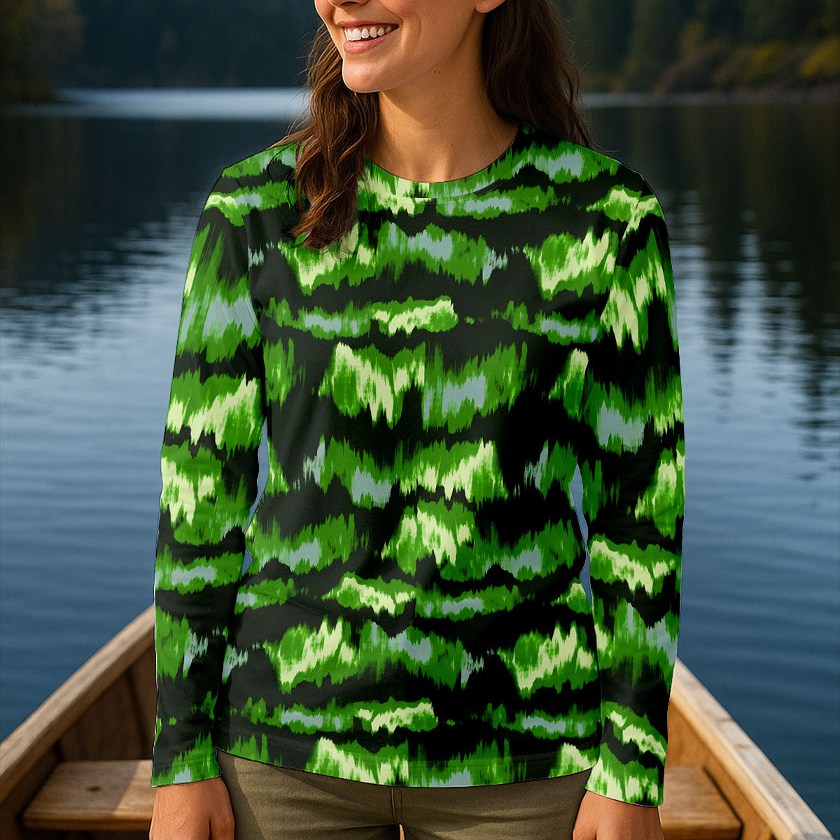 Green Ikat Pattern Fishing UPF Shirts, Women Fishing Shirt, Fisherwomen SPF Long Sleeve Shirts