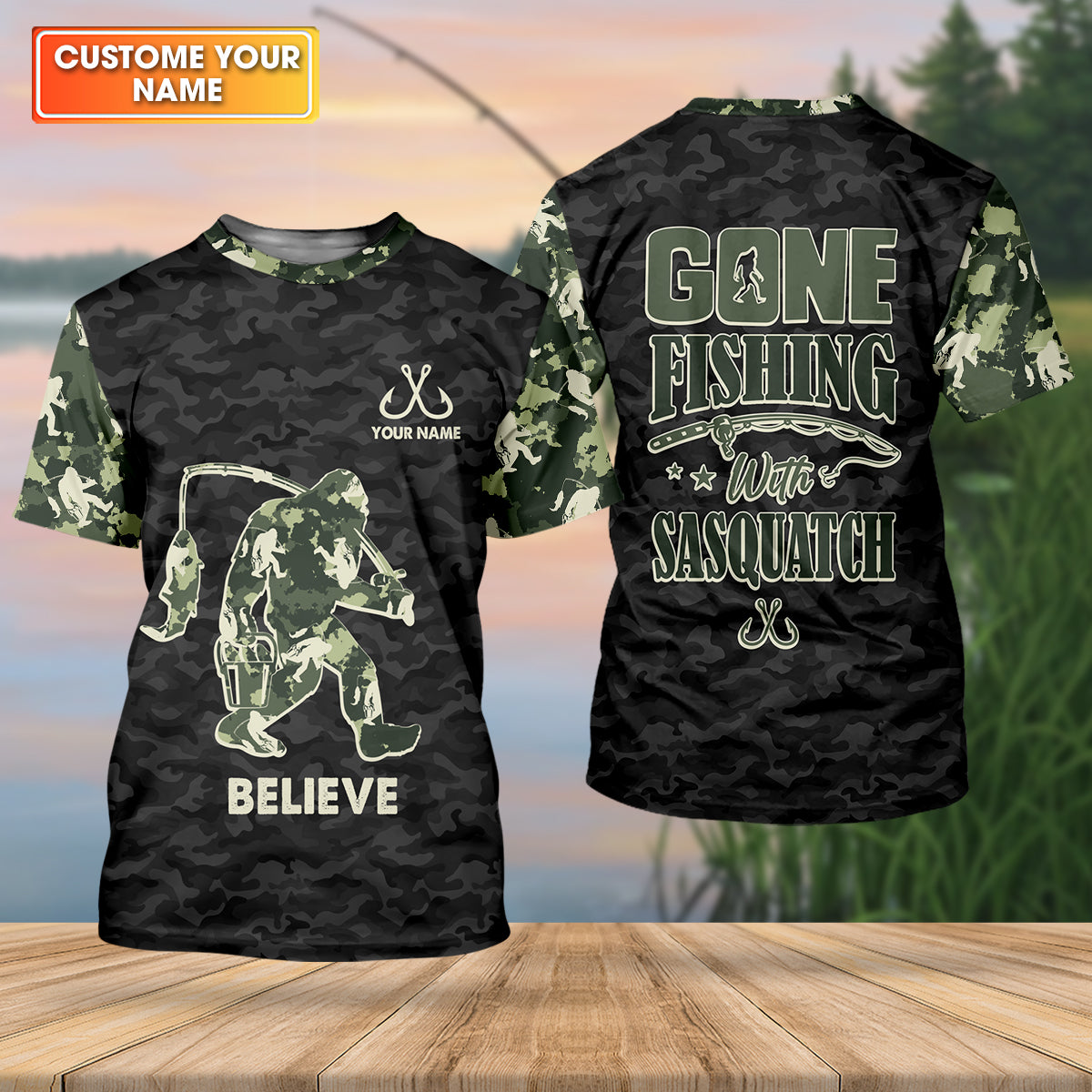 Gone Fishing With Sasquatch Camo Fishing Shirt, Fishing UPF Shirts, Fishing Shirts For Men