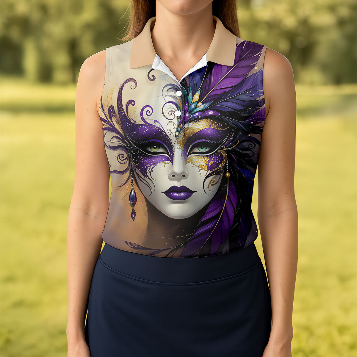 Feather Mask Mardi Gras Golf Shirt, Purple And Beige Women's Golf Tops, Ladies Golf Shirt