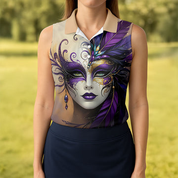 Feather Mask Mardi Gras Golf Shirt, Purple And Beige Women's Golf Tops, Ladies Golf Shirt