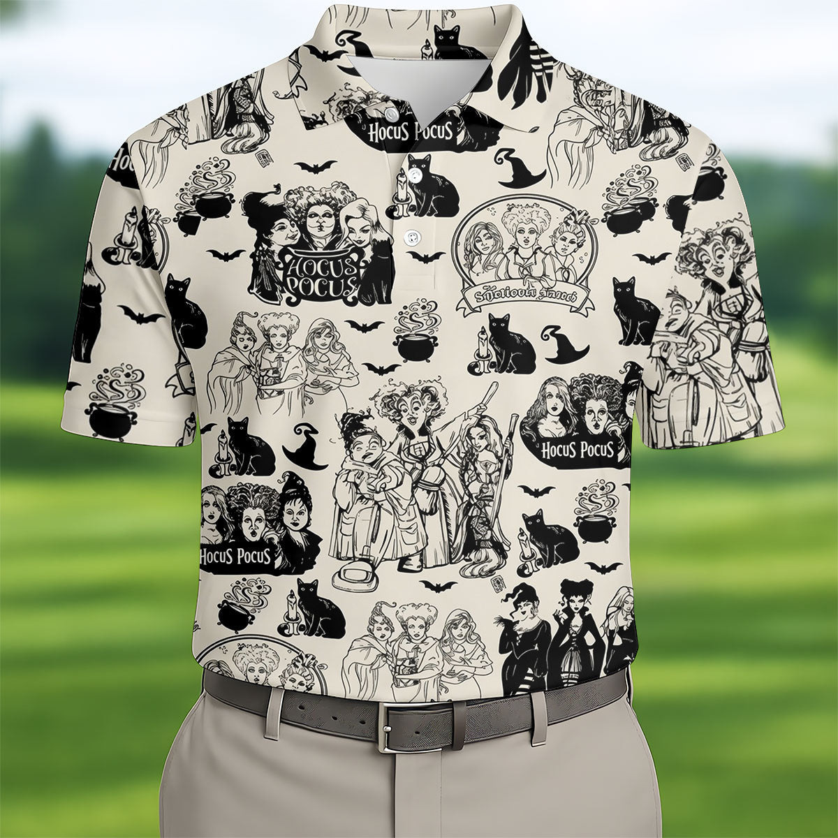 Witch Sisters Black Cat Halloween Polo Shirt, Golf Polo Shirts For Men, Mens Golf Apparel
