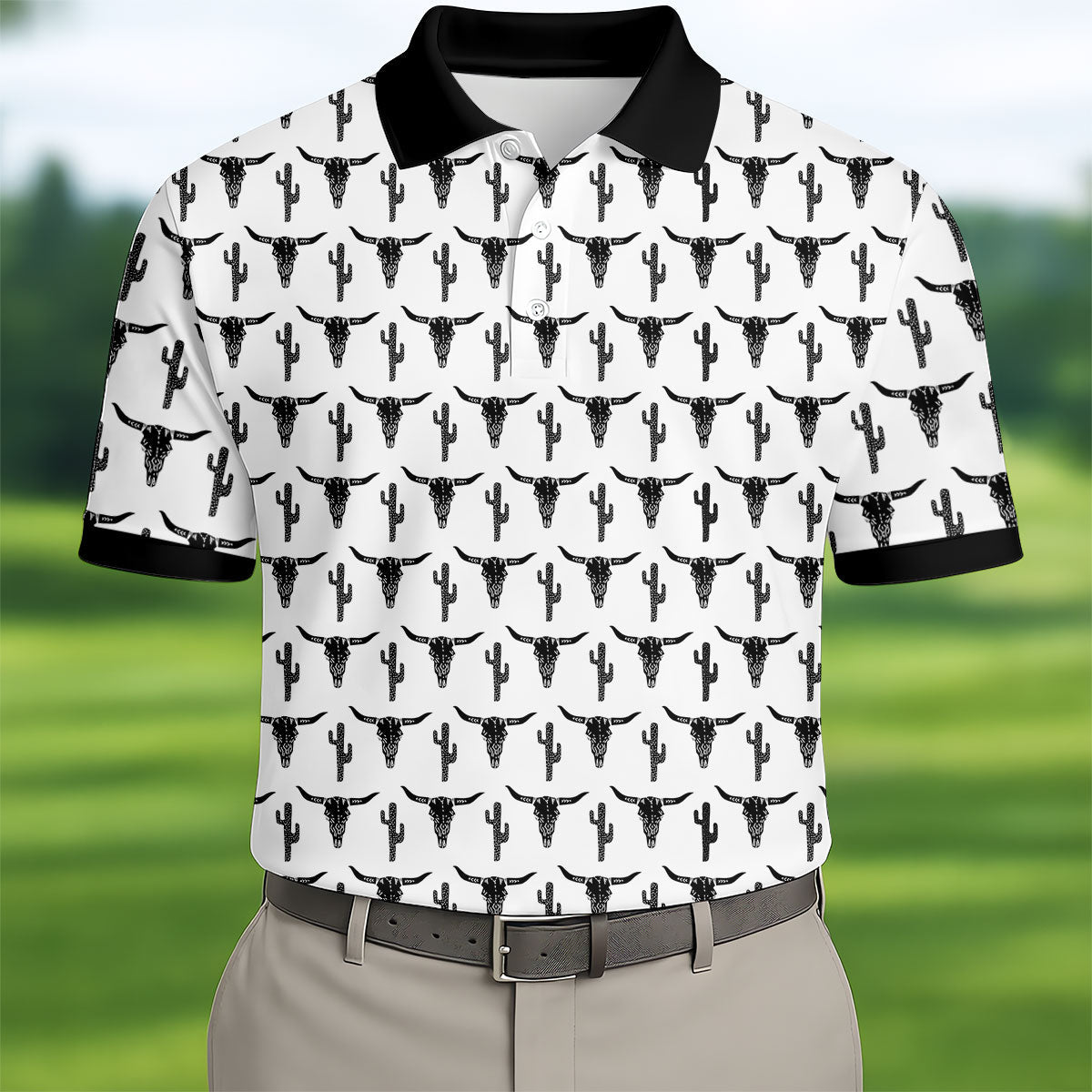 Longhorn Cow Skull Western Theme White Golf Tops For Men, Polo ShirtFor Men, Golf Shirts For Men