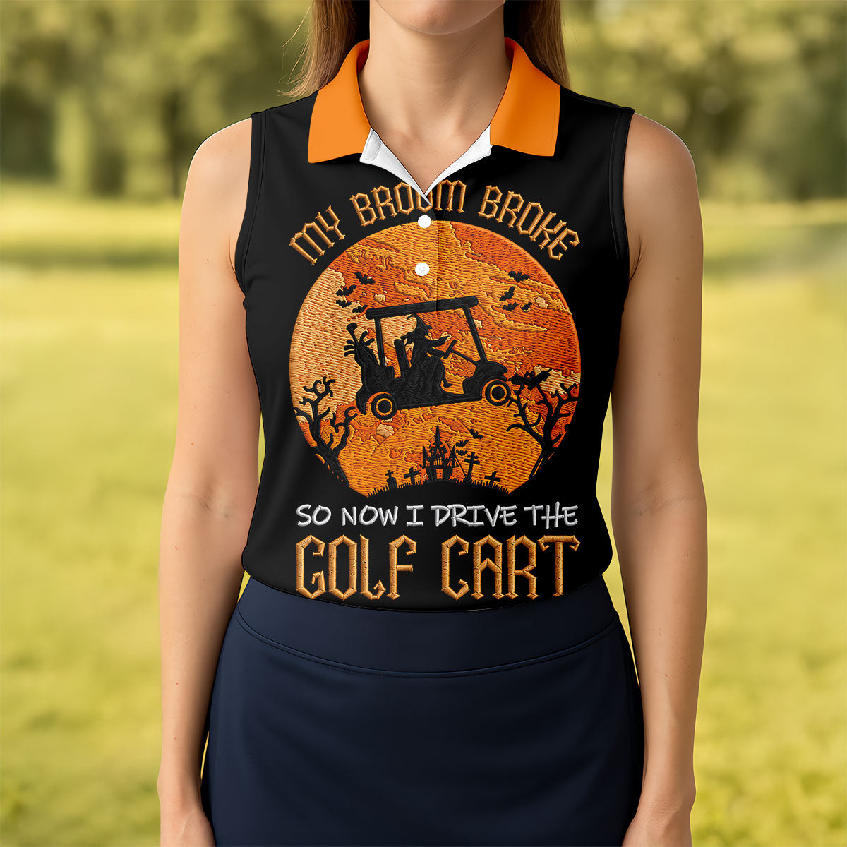 Broom Broke Now I Drive Golf Cart Halloween Polo Shirt, Women’s Golf Polo, Ladies Golf Top