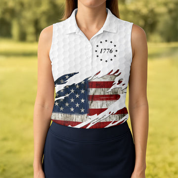 American Flag Cross Golf Ball Pattern Women's Golf Tops, 250th Anniversary Ladies Golf Shirts