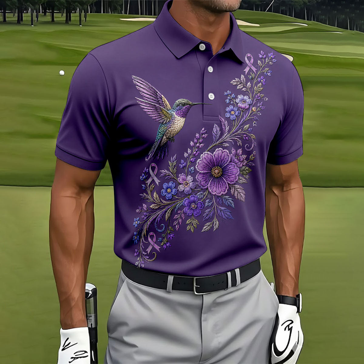 Cancer Awareness Purple Ribbon Floral Polo Shirt, Mens Golf Polo, Golf Shirts For Men