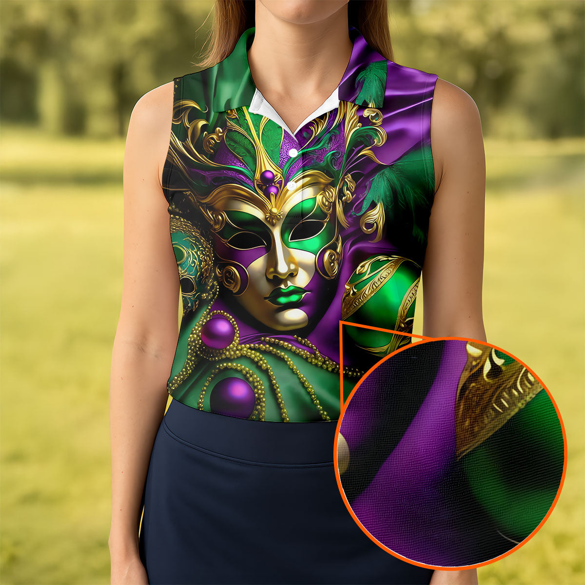 Mardi Gras Face Mask Purple Green Gold Women's Golf Tops, Ladies Golf Polos, Women's Polo Shirt