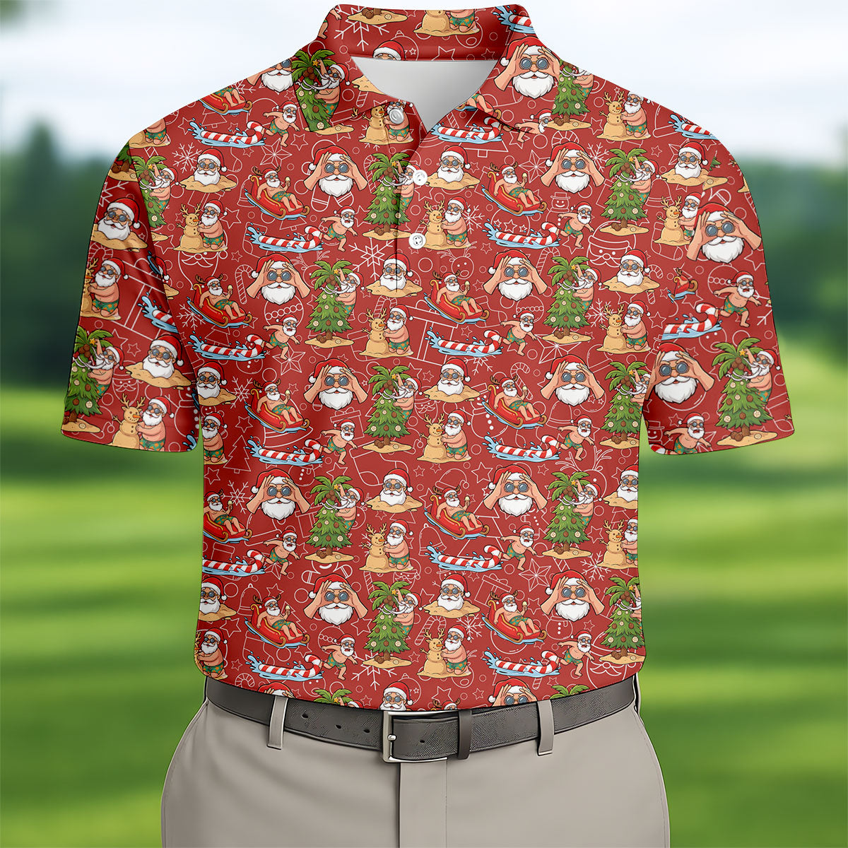 Tropical Santa Summer Christmas Pattern Polo Shirt, Mens Golf Polo, Christmas Shirt
