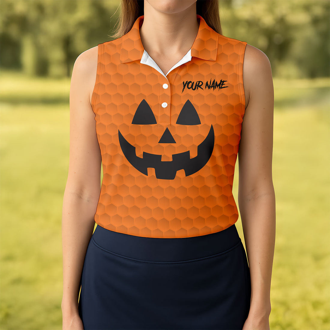 Halloween Pumpkin Face Custom Name Fun Women's Golf Shirts, Ladies Golf Tops, Golf Gifts For Women