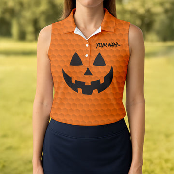 Halloween Pumpkin Face Custom Name Fun Women's Golf Shirts, Ladies Golf Tops, Golf Gifts For Women