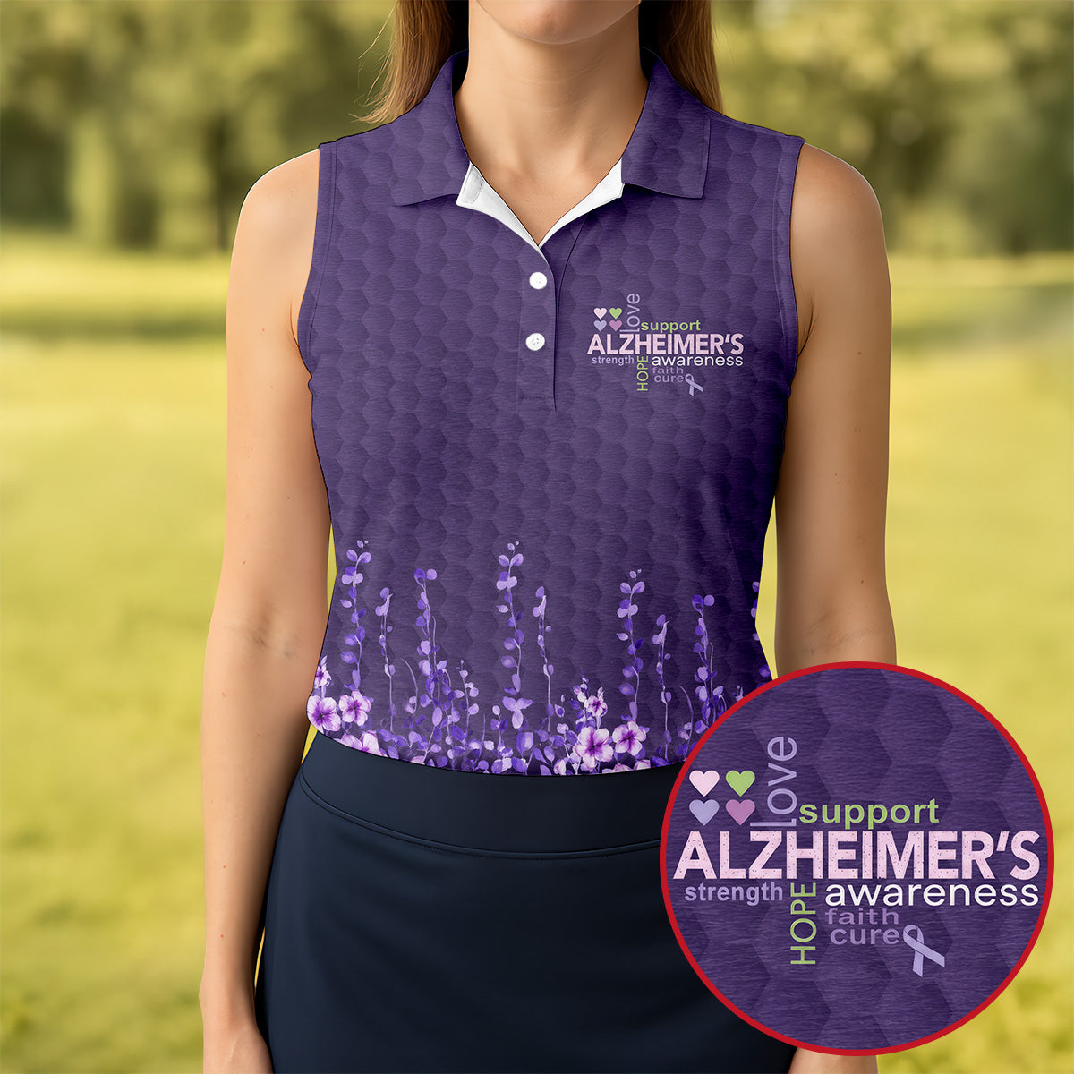 Purple Alzheimer's Awareness Floral Polo Shirt, Golf Shirts For Women, Women’s Golf Polo