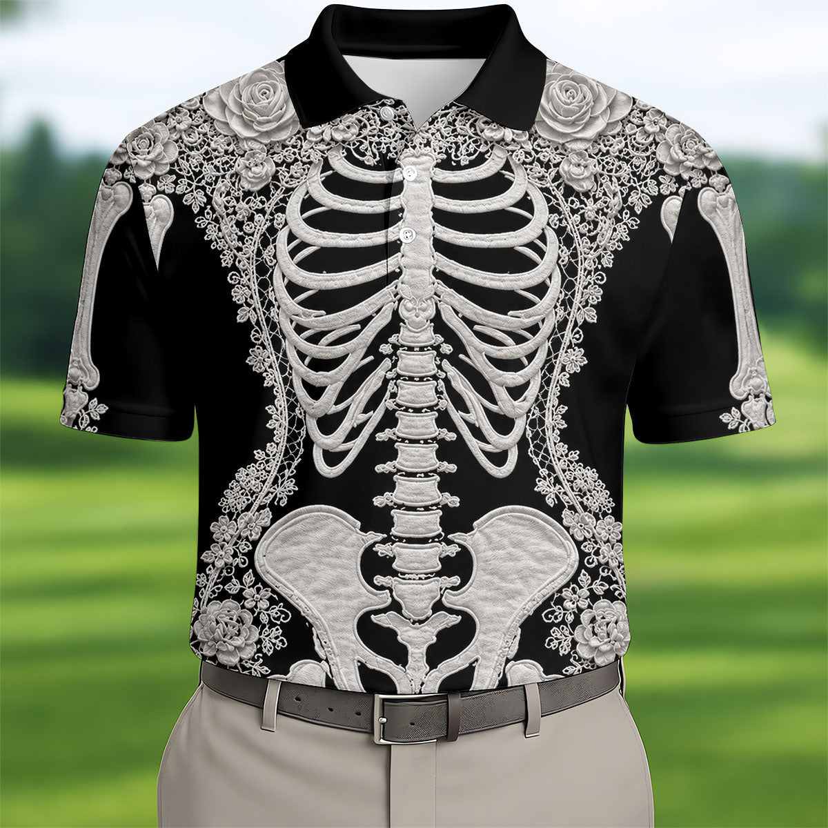 Floral Skeleton Halloween Golf Polo Shirt, Golf Shirts For Men, Mens Golf Apparel
