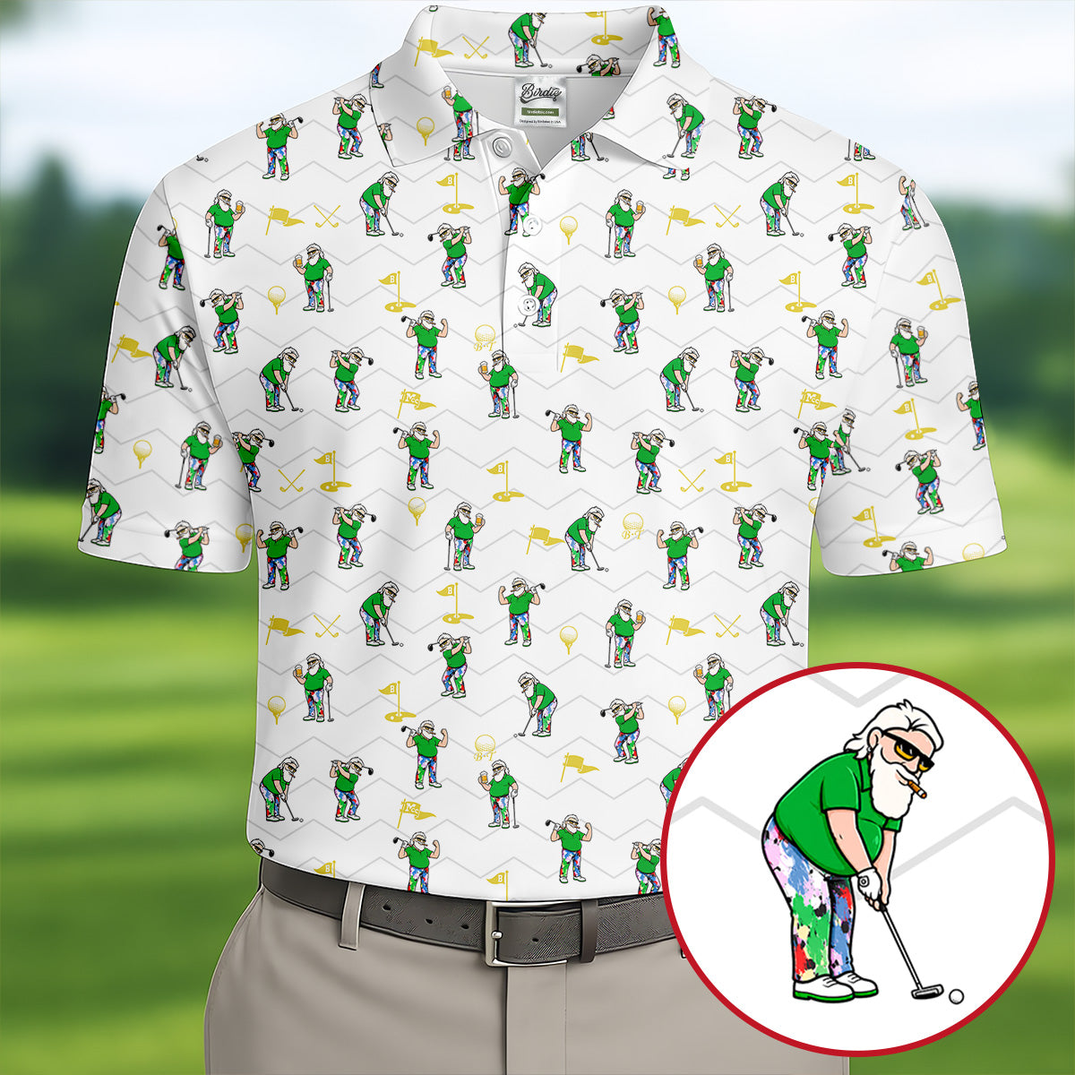 Funny Bearded Golfer Cartoon Pattern Polo Shirt, Mens Golf Polo, Polo Shirts For Men