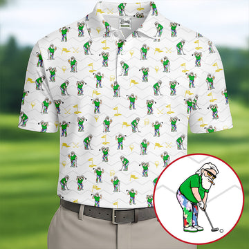 Funny Bearded Golfer Cartoon Pattern Polo Shirt, Mens Golf Polo, Polo Shirts For Men