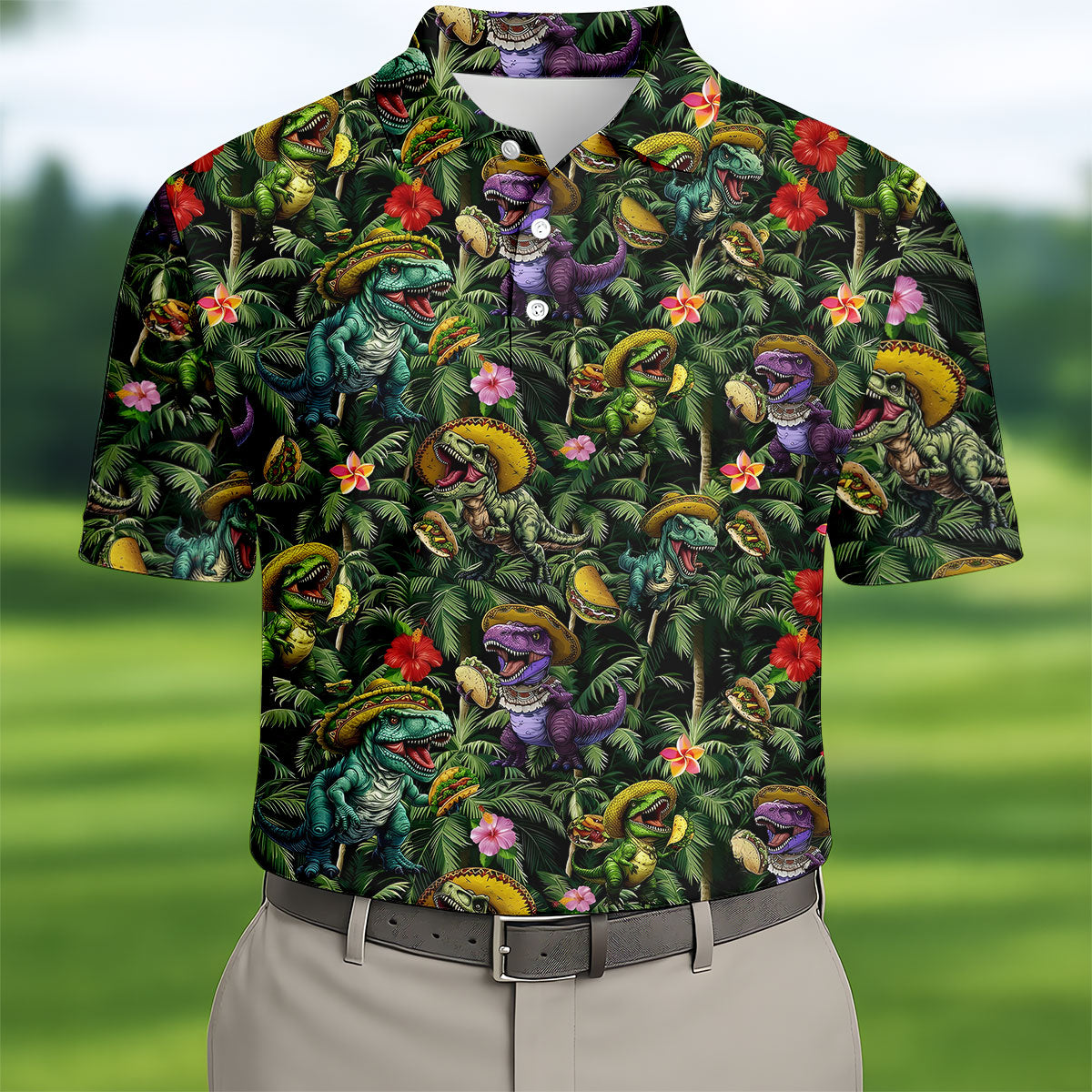 Hawaiian Dinosaur Sombreros Tacos Cinco De Mayo Celebration Fiesta Themed Golf Shirts For Men