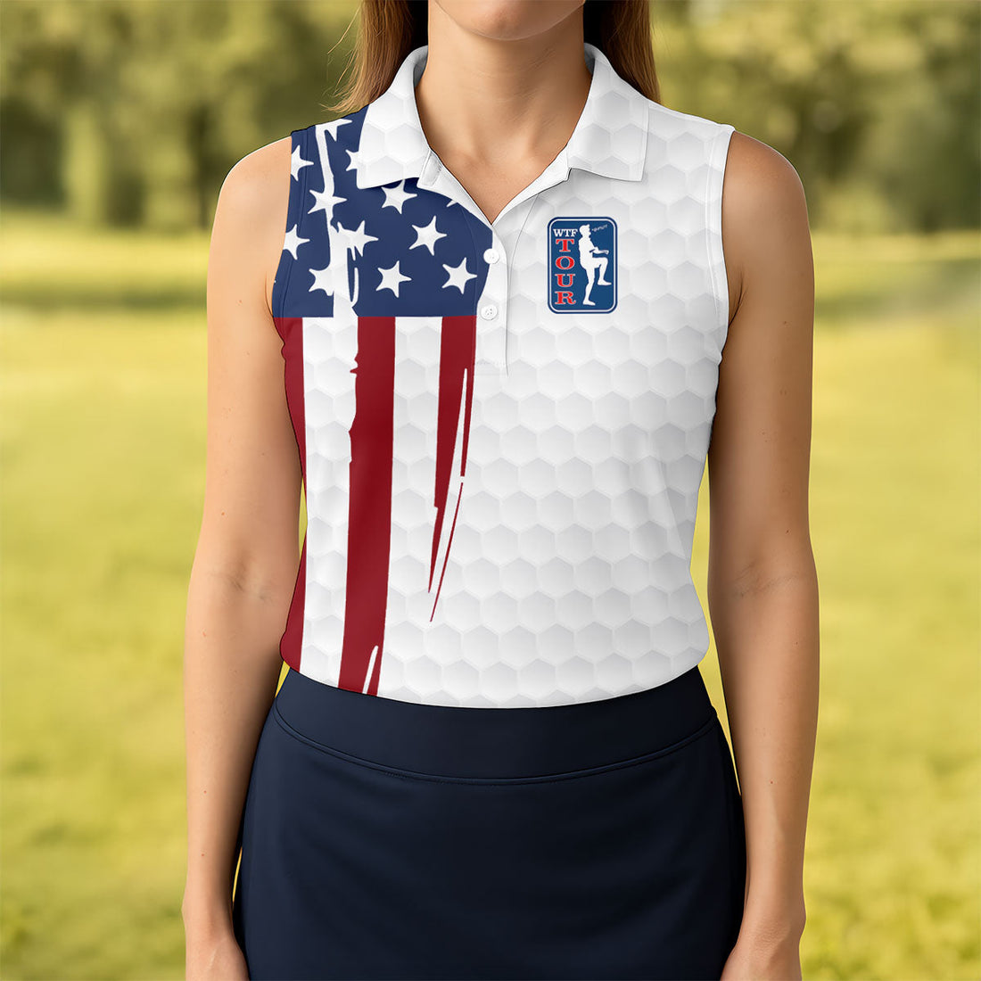Golf Ball Pattern WTF Tour US Flag 4th Of July Patriotic Golf Shirt, 250th Anniversary Ladies Golf Shirts